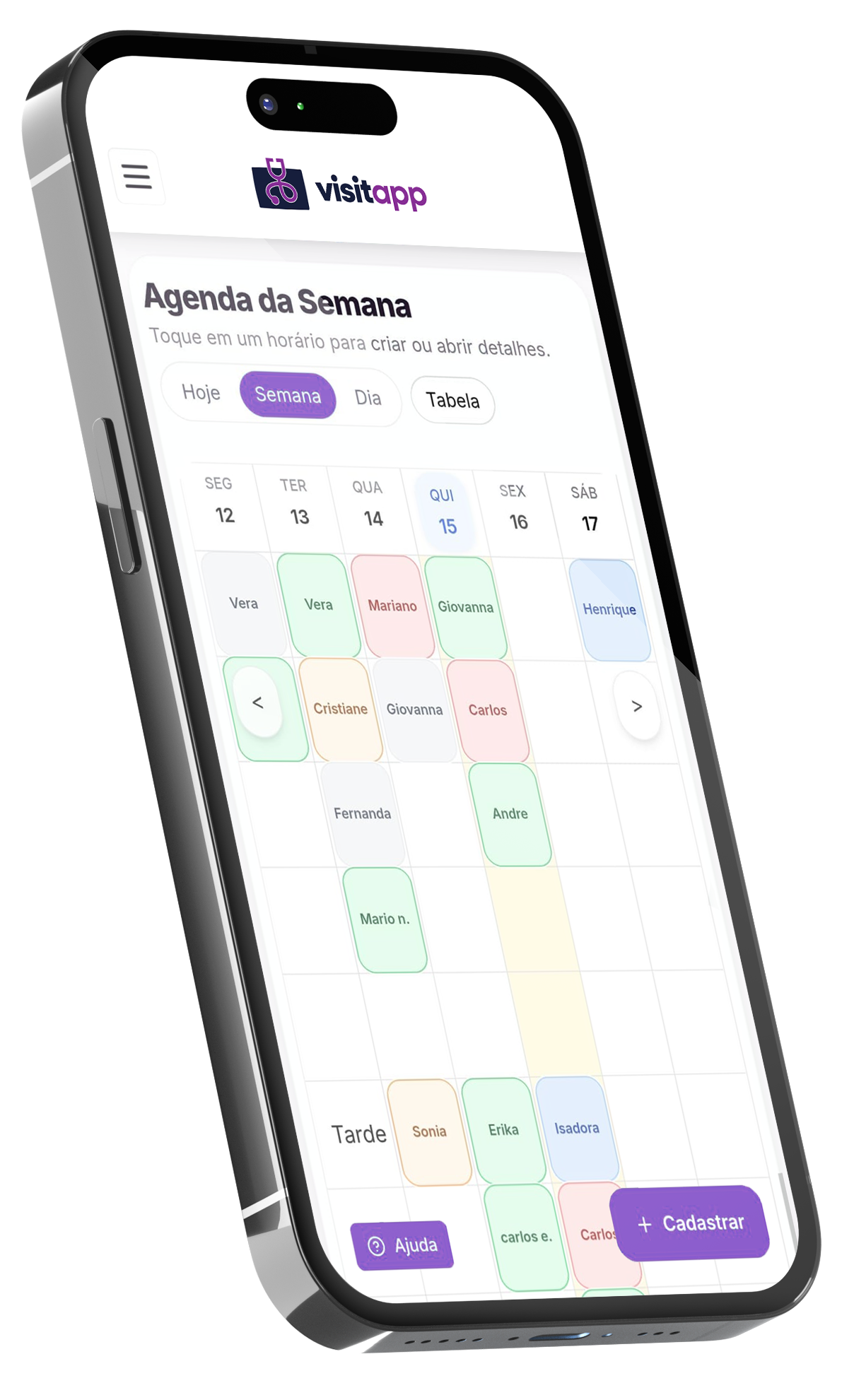 Aplicativo VisitApp mostrando agenda e controles